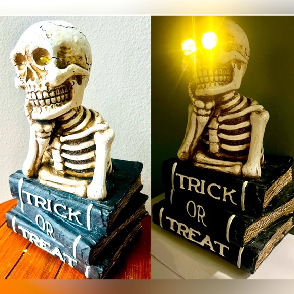 MARTHA STEWARD COLLECTION BORED LIGHT UP EYES SKELETON ON BOOKS STATUE 12”X7” - Picture 1 of 13